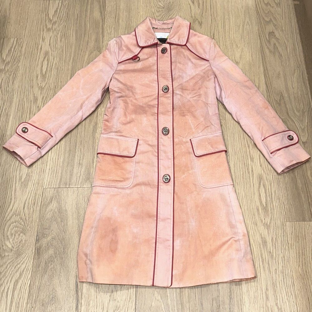 Coach Y2K Trench Coat Turnlock Pink Satin Leather Trim Womens Size 2 FLAWS